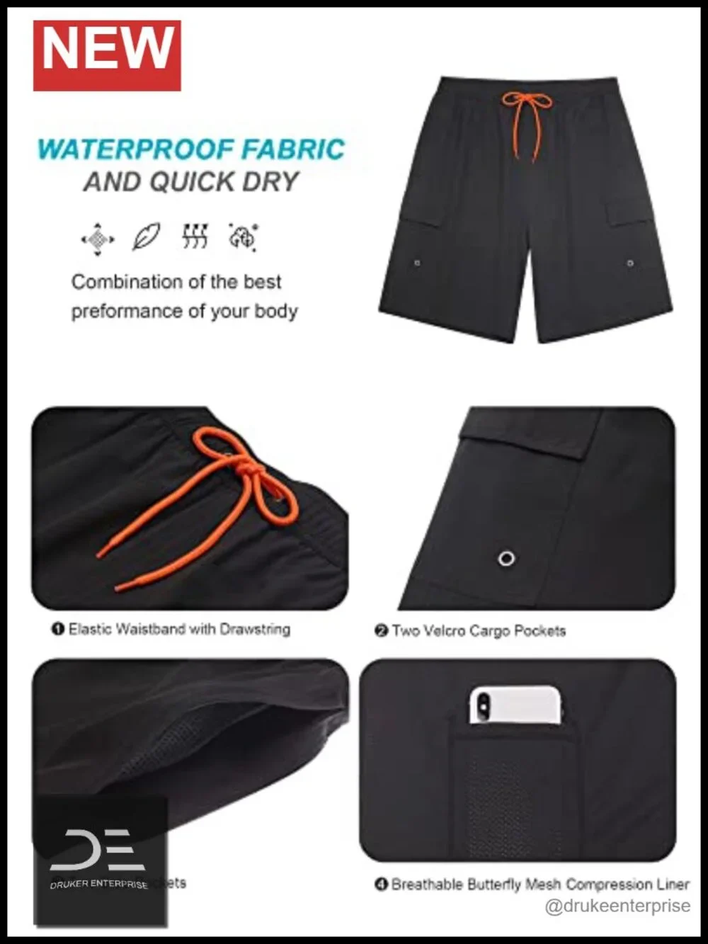 Men's Swim Trunks with Compression Liner Quick Dry 9 Inch Cargo Pockets